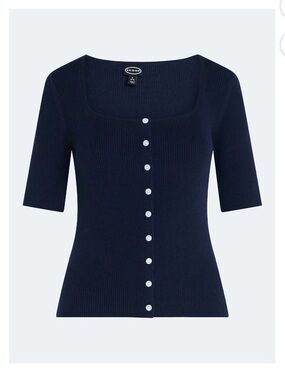 Cozy Square Neck Button-Front Knit Top - Navy
